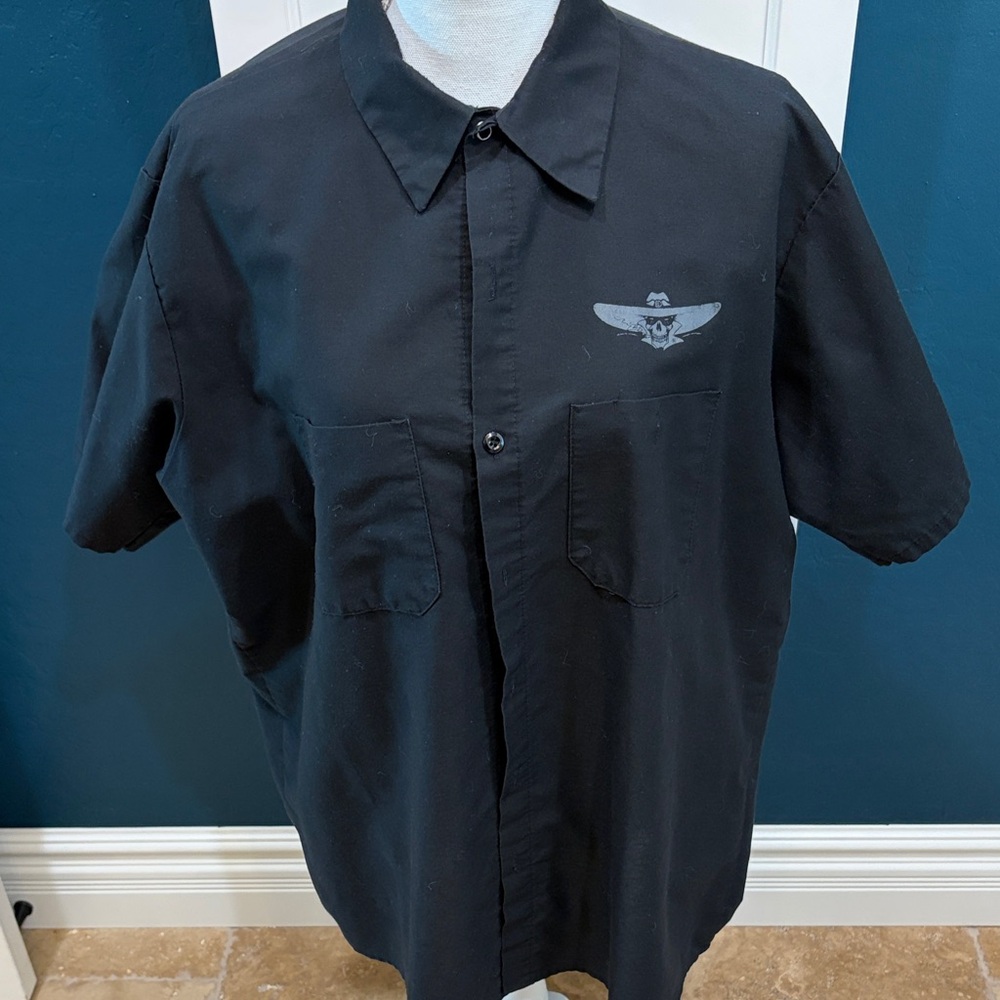 Red Kar black button down shirt, “Bonedaddy’s Custom Cycle” Red Lodge Montana.